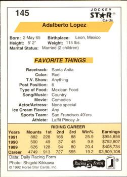 1992 Jockey Star #145 Adalberto Lopez Back